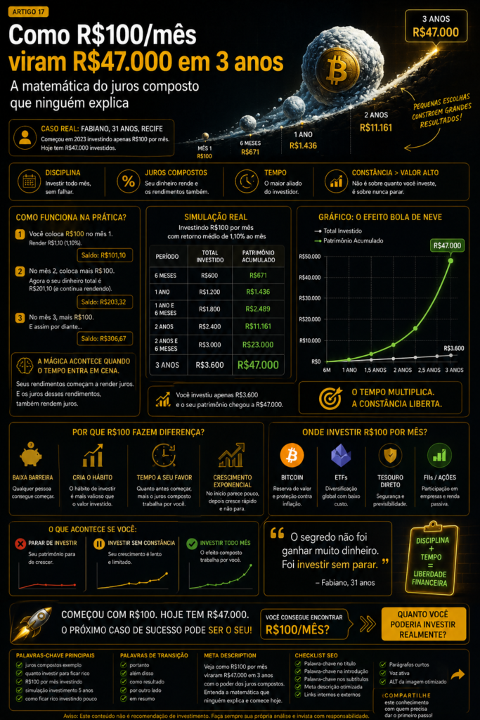 Como R$100/mês viram R$47.000 em 3 anos (a matemática dos juros compostos que ninguém explica)